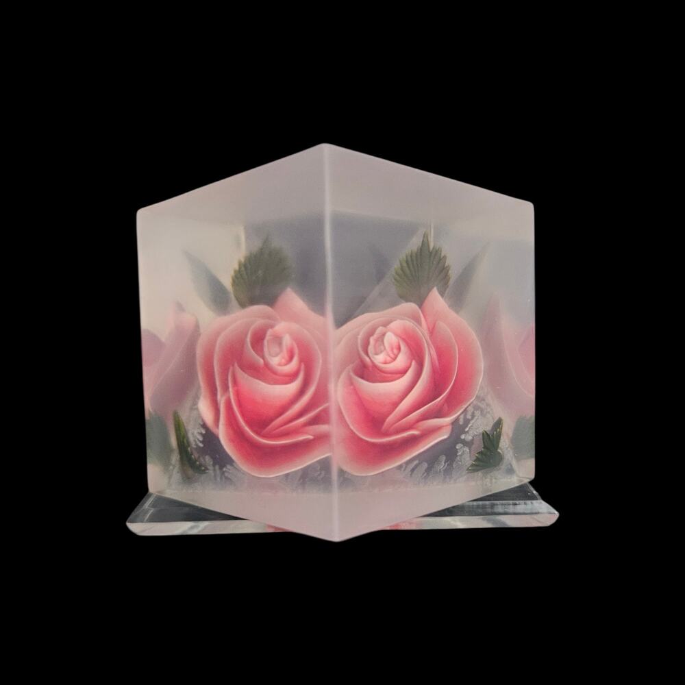 Vintage Frosted Acrylic Pink Rose Pyramid Paperweight Floral Art Sculpture